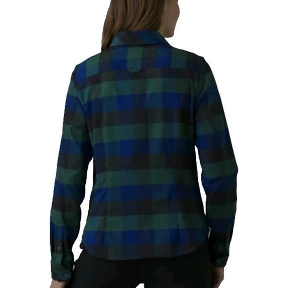 prAna Womens Meadow Run Flannel Shirt Sz M Soft Pine Plaid Sustainable Recycled - Picture 2 of 10